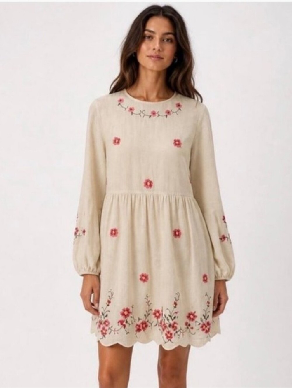 NWT Caroline Constas Cross Stitch Dress Long Sleeve Cream Linen Summer Floral